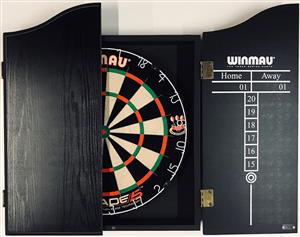 Winmau Blade 5 FIVE Dart Board and Winmau Black Wooden Dart Cabinet with 6 Darts SET