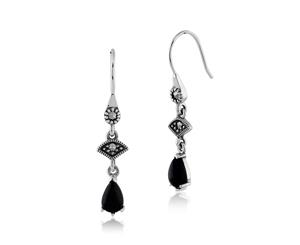 Art Deco Style Black Onyx Cabochon & Marcasite Drop Earrings in 925 Sterling Silver