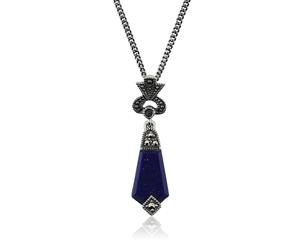 Art Deco Style Lapis Lazuli Cabochon & Marcasite Pendant in 925 Sterling Silver