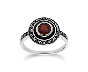 Art Deco Style Round Garnet & Black Enamel Halo Ring in 925 Sterling Silver