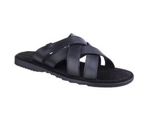 Base London Mens Apollo Waxy Leather Cross Strap Summer Sandals - Black