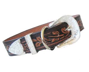 Dog Collar Leather Rodeo Rover Western Tooledr 3 Piece Silver Buckle Set 46Cm - Brown