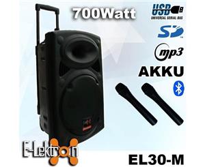 E-Lektron EL30-M 12 inch Mobile PA Sound System Bluetooth Battery Recoding MP3 USB SD incl. 2 Wireless microphones 700W Soundsystem