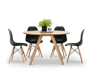Light Timber Oak Scandinavian Round 1.2m Dining Set with 4x Black Eames Chairs