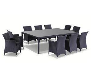 Roman 10 Seat Outdoor Wicker And Glass Top Dining Table And Chairs Setting - Outdoor Wicker Dining Settings - Charcoal with Vanilla cushions