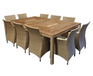 Sahara 10 Seat Teak And Wicker Dining Table And Chairs Furniture Setting - Outdoor Wicker Dining Settings - Wheat wicker with Cream