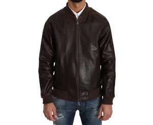 Trussardi Brown Leather Bomber Zipper Mens Marrone Jacket