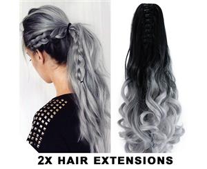 2Pcs Two Tone Ombre High Grade Silver Gray Curly Clip On Pony Tail 24" Hair Clamp09 2X