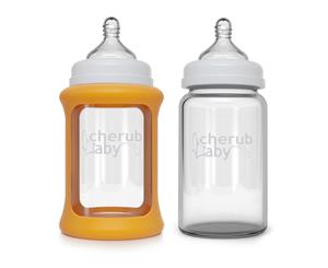 Cherub Baby Glass Bottle 240ml Twin Pack with Protective Colour Change Silicone Sleeve - Orange