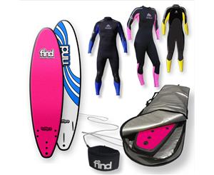 FIND 7Ɔ" TuffPro Thruster PINK Soft Surfboard Softboard + Cover + Leash + Wetsuit Package - Pink