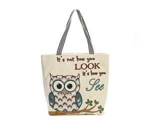 Handade Embroidery Owl Women's Canvas Tote Bag