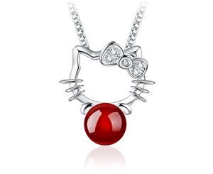 Hello Kitty Red Agate Necklace-White Gold/Pearl/Red