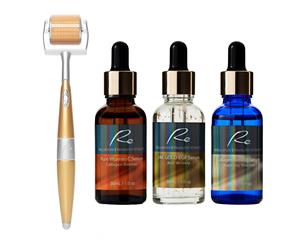 Re Eyes & Face Micro-Needle Derma Roller + Vitamin C Serum + 24K Gold Serum + Collagen Serum