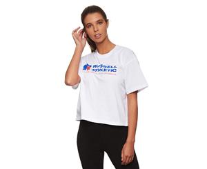 Russell Athletic Women's Cropped Logo Crew Neck Tee / T-Shirt / Tshirt - White