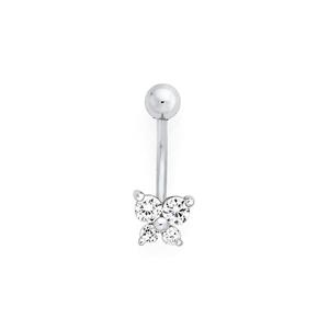 Silver & Steel Tiny CZ Butterfly Belly Bar