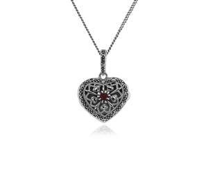 Art Nouveau Style Round Garnet & Marcasite Heart Necklace in 925 Sterling Silver