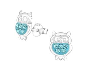 Children's Silver Aqua Bohemica Owl Crystal Ear Studs