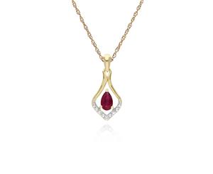 Classic Pear Ruby & Three Diamond Leaf Halo Pendant in 9ct Yellow Gold