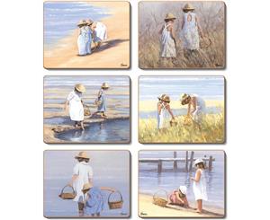 Country Inspired Kitchen BEACH GIRLS Cinnamon Cork Backed Coasters Set 6 New