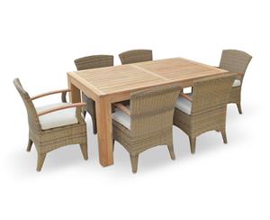 Entertainer 1.7M Teak Outdoor Table With 6 Kai Wicker Dining Chairs - Brushed Wheat Cream cushions - Outdoor Teak Dining Settings