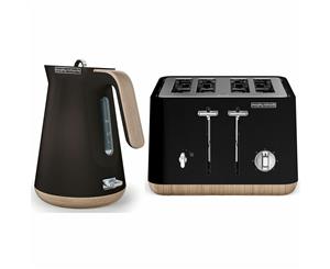 Morphy Richards Scandi Black/Wood Trim Base 4 Slice Toaster w/ Cordless Kettle