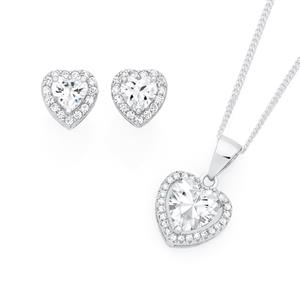 Silver CZ Heart Cluster Earrings & Pendant Set