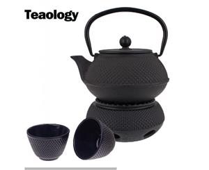 Teaology 500ml Cast Iron Teapot Warmer Tea Cup Pot Set Fine Hobnail Black