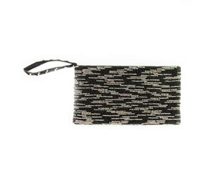 30cm Black/ Silver Hand Made Glass Beaded Purse / Clutch Bag in Two Tone Design with Metallic Finish - Black/Silver