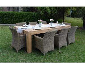 Entertainer 2.5M Teak Outdoor Table With 8 Roman Chairs In Half Round Wicker - Outdoor Teak Dining Settings - Brushed Wheat Cream cushion