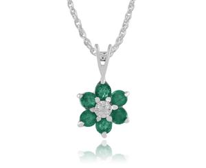 Floral Round Emerald & Diamond Cluster Pendant in 9ct White Gold