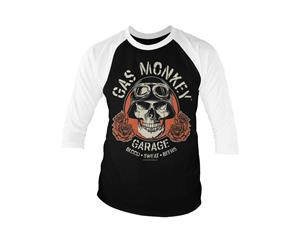 Gas Monkey Garage Baseball Shirt Skull Logo Official Mens 3/4 Sleeve - White