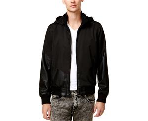 Guess Mens Cabot Faux Leather Mixed Media Bomber Jacket