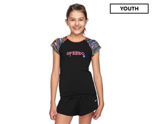 Speedo Girls' Cap Sleeve Sun Top - Black/Multi