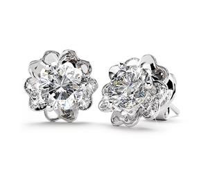 .925 Sterling Silver Grateful Flower Stud Earrings-Silver/Clear