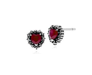 Classic Heart Ruby & Marcasite Halo Heart Stud Earrings in 925 Sterling Silver