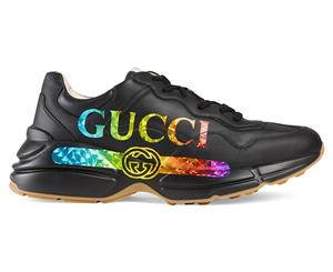 Gucci Men's Rhyton Leather Sneakers w/ Gucci Logo - Black