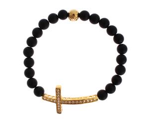 Nialaya Matte Onyx Stone Gold Cz Cross 925 Silver Bracelet