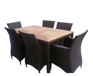 Sahara 6 Seater Teak Top And Wicker Dining Table And Chairs Patio Setting - Outdoor Wicker Dining Settings - Charcoal Wicker with Denim