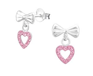 Sterling Silver Kids Light Rose Bow Heart Stud earrrings made with Swarovski Crystal