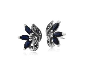 Art Nouveau Style Marquise Sapphire & Marcasite Leaf Stud Earrings in 925 Sterling Silver