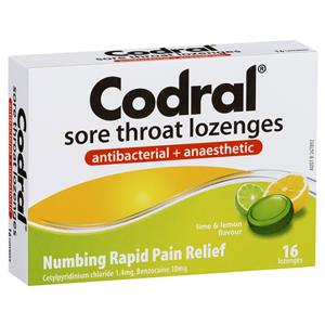 Codral Sore Throat Lozenges Antibacterial + Anaesthetic Lime & Lemon 16 Pack