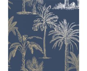 Holden Glistening Tropical Trees Wallpaper Navy/Gold (12821)