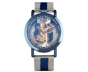 SHENHUA Elegant Transparent Automatic Mechanical Watch Silver-blue Steel Mesh Strap Watches-Blue