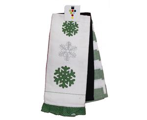 Set of 3 New Tea Towels Kitchen CHRISTMAS SNOWFLAKE GREEN Teatowels