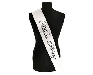 Single Layer White with Black Satin Hens Night Party Text Sash Banner 160cm x 80cm x 10cm