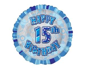 45cm Glitz Blue 15th Birthday Round Foil Balloon Packaged