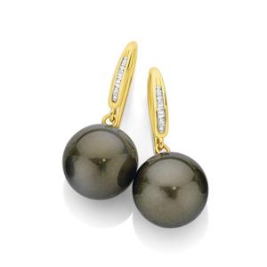 9ct Gold Tahitian Pearl & Diamond Drop Earrings