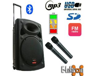 E-Lektron EL38-M 15 inch Mobile PA Sound System Bluetooth Battery Recoding MP3 USB SD incl. 2 Wireless microphones 900W Soundsystem