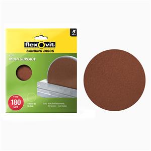 Flexovit 178mm 180 Grit All Surface Orbital Sanding Disc - 5 Pack