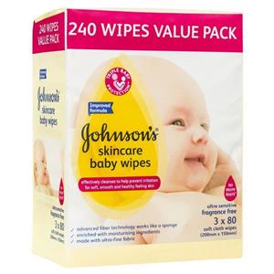 Johnson's Baby Wipes Skincare Fragrance Free 3x80 Pack